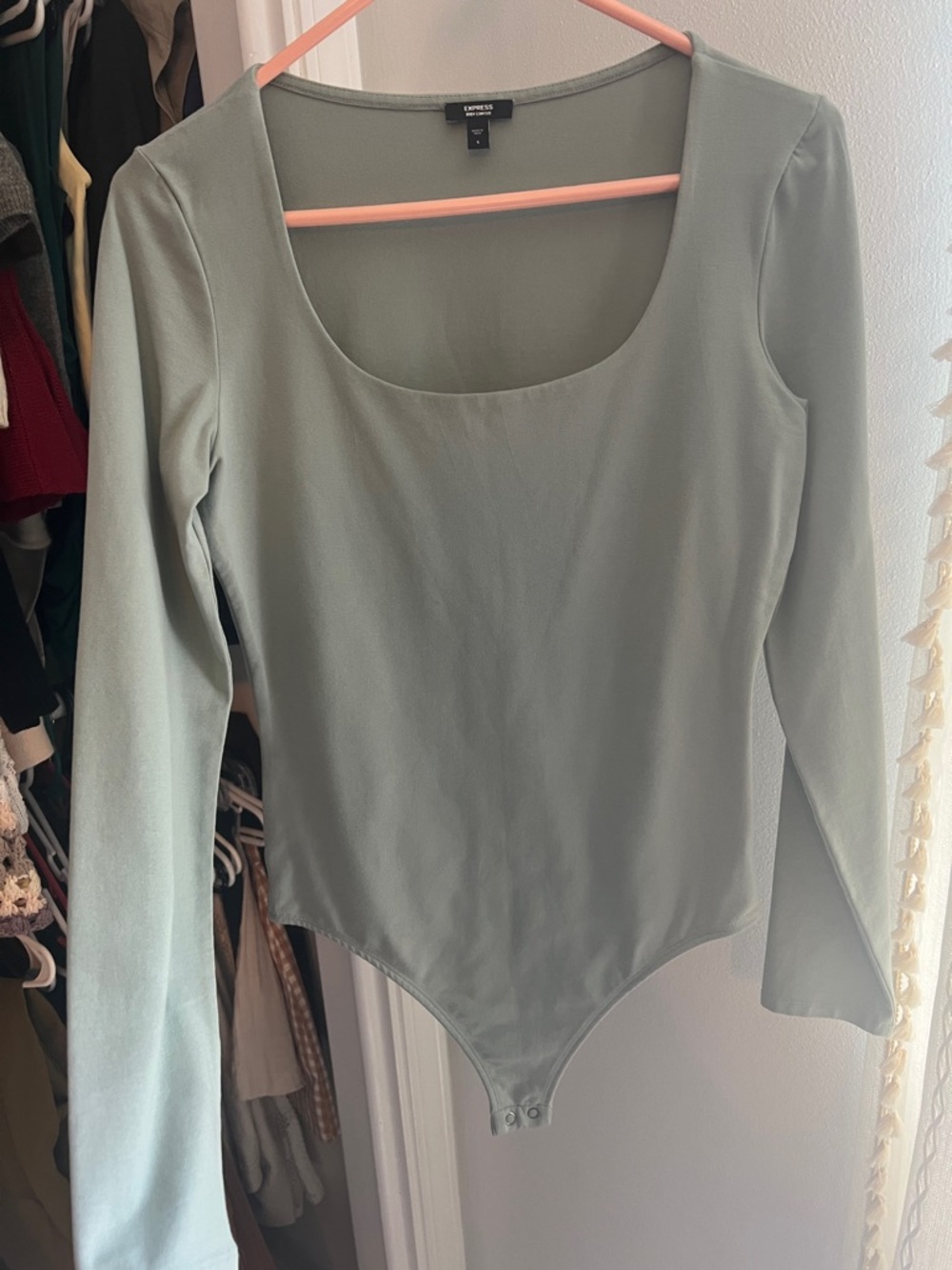 Express Sage Green Long Sleeve Scoop Neck Bodysuit